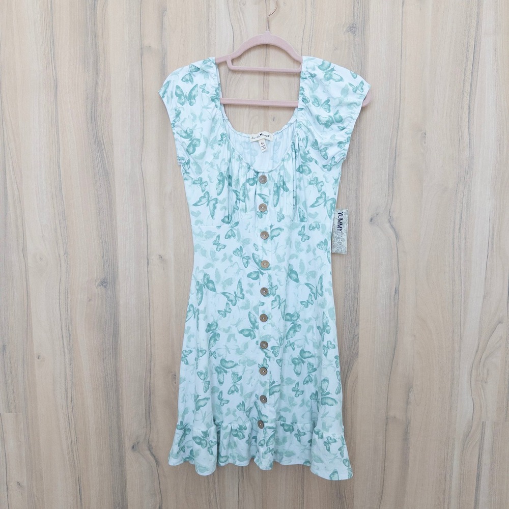 Derek Heart Butterfly Mini Dress M Green Button Front Cottage Fairy Coquette Y2K - Picture 2 of 9